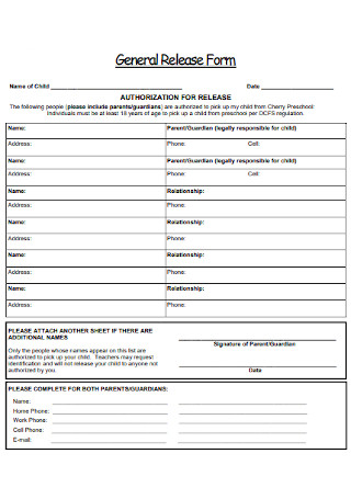 Preschool General Release Form