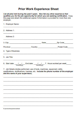 Prior Work Experience Sheet 
