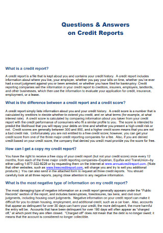 Question and Answers Credit Report
