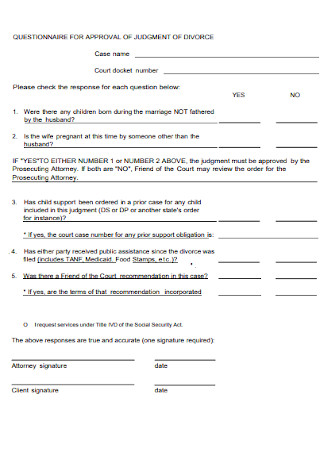 Questionnaire for Approval of Judgment of Divorce