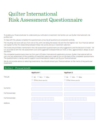 Quilter International Risk Assessment Questionnaire