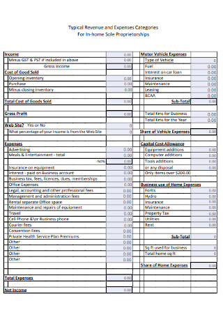 Revenue and Expenses Sheet