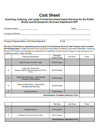 Sample Cost Sheet Template