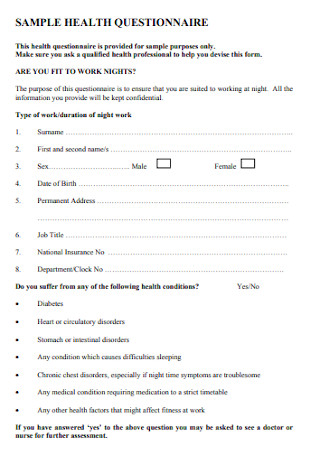 Sample Health Questionnaire Example