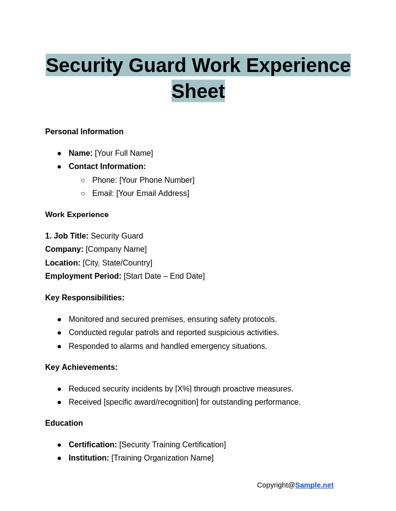 Security Guard Work Experience Sheet Google Docs 01 03 2025 04 17 PM