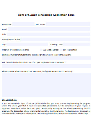 Signs of Suicide Scholarship Application Form