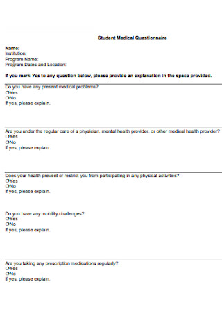 Student Medical Questionnaire