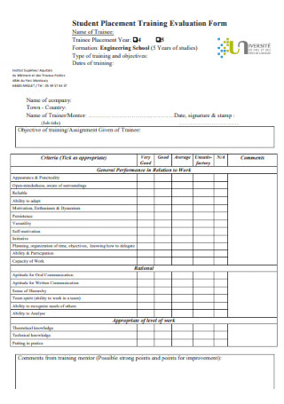 Student Placement Training Evaluation Form 