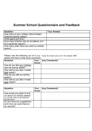 Summer School Questionnaire and Feedback