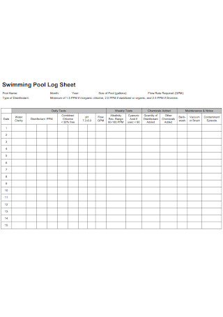 Swimming Pool Log Sheet