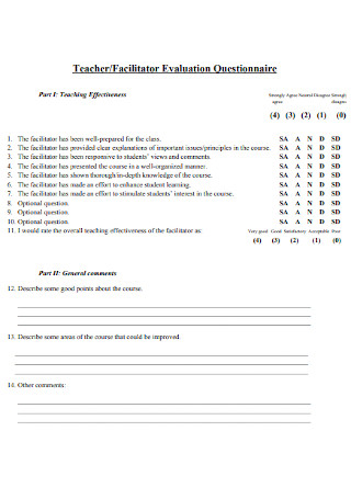 Teacher Facilitator Evaluation Questionnaire