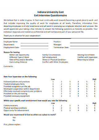 University East Exit Interview Questionnaire