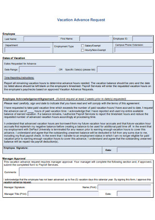 Vacation Advance Request Form