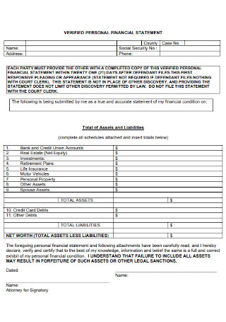 Verified Personal Financial Statement