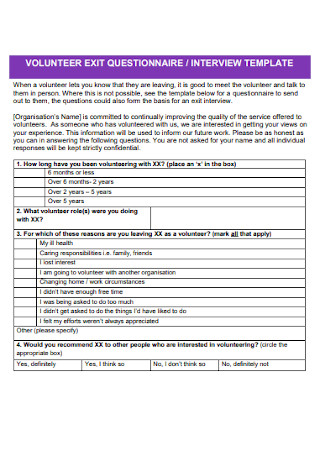 Volunteer Exit Interview Questionnaire Template