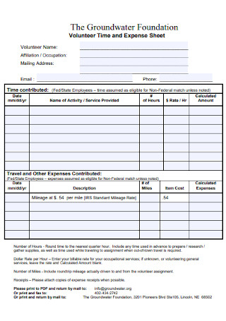Volunteer Time and Expense Sheet