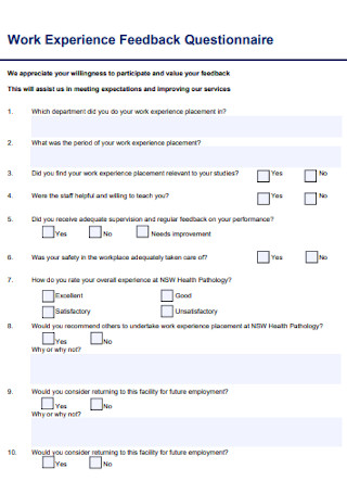 Work Experience Feedback Questionnaire 