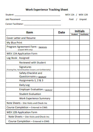 Work Experience Tracking Sheet