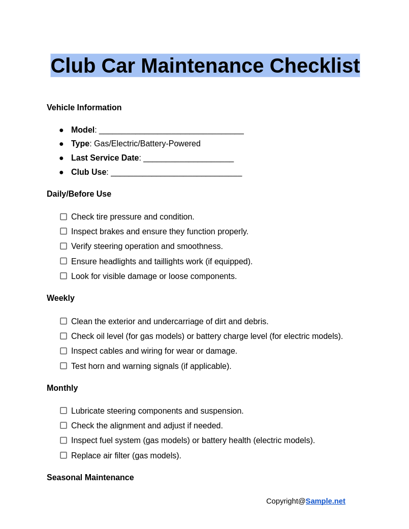 Club Car Maintenance Checklist Google Docs 01 07 2025 10 53 AM