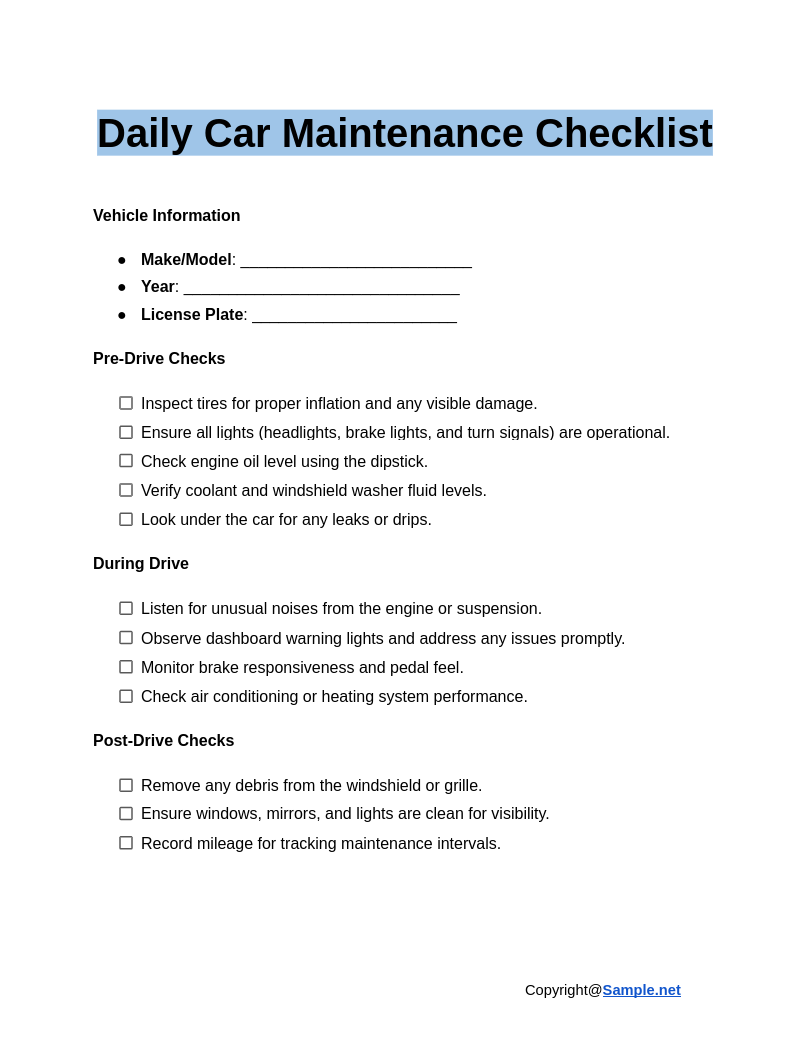 Daily Car Maintenance Checklist Google Docs 01 07 2025 10 53 AM