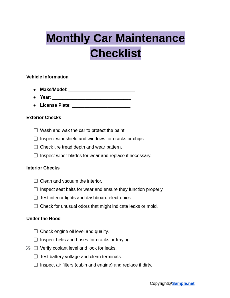 Monthly Car Maintenance Checklist Google Docs 01 07 2025 10 53 AM