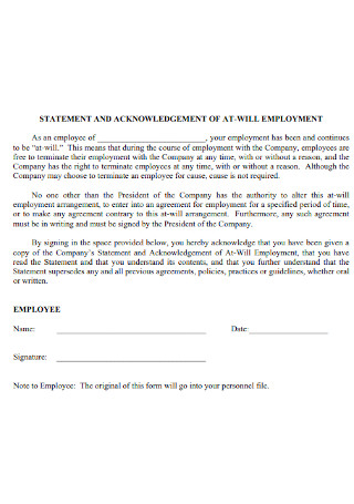 Acknowledgement Statement of At Will Employment