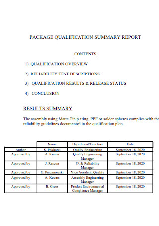 Package Qualification Summary Report