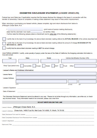 Vehicles Disclosure Statement Template