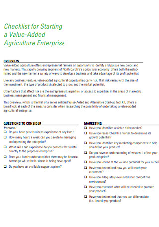 Agriculture Value Checklist