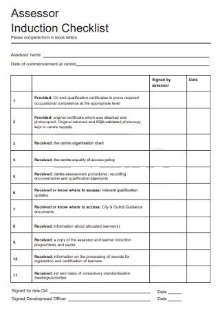 Assessor Induction Checklist