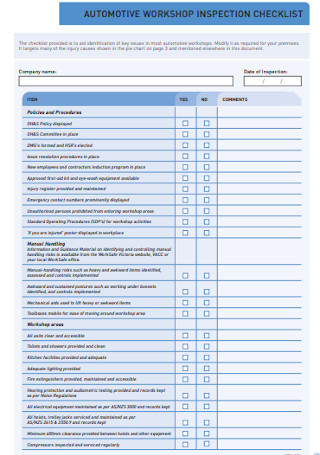 Automotive Workshop Inspection Checklist