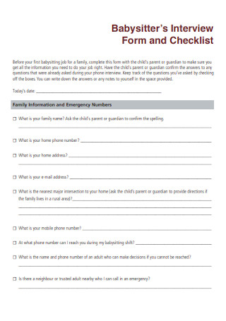 Babysitters Interview Form and Checklist