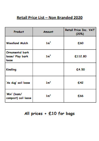 Bags Retail Price List