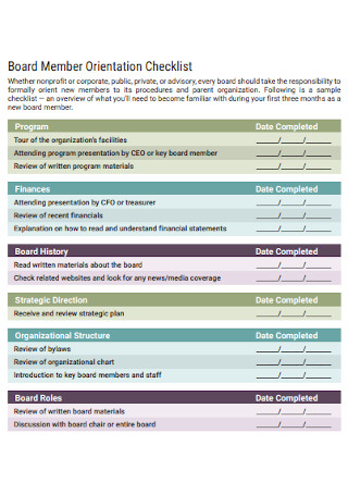 Board Member Orientation Checklist Example