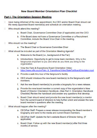 Board Member Orientation Plan Checklist 