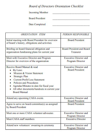 Board of Directors Orientation Checklist 