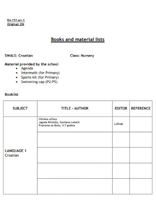 Books and Material Lists Template