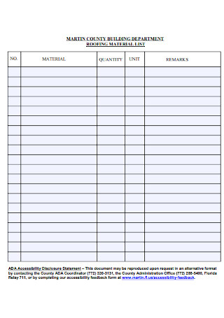 Building Material List Template