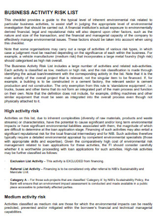 Business Activity Risk List