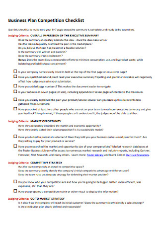 Business Plan Competition Checklist 