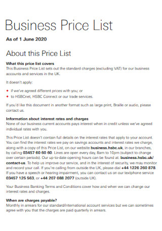 Business Price List
