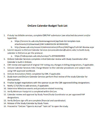 Calendar Budget Task List