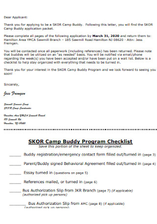 Camp Buddy Program Checklist