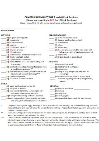 Camper Packing List Template