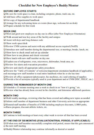 Checklist for New Employees Buddy
