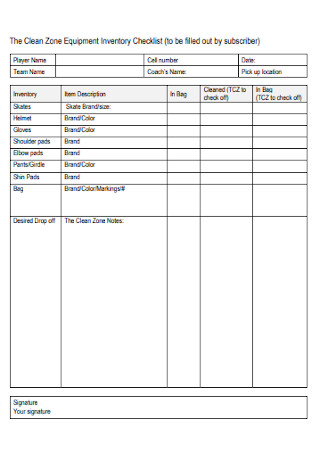 Clean Zone Equipment Inventory Checklist