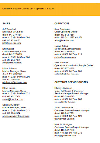 Customer Support Contact List