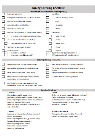 Dining Catering Checklist