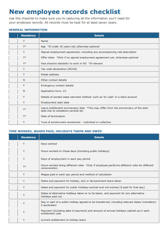 Employee File Record Checklist