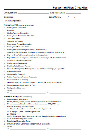 Employee Personnel Files Checklist